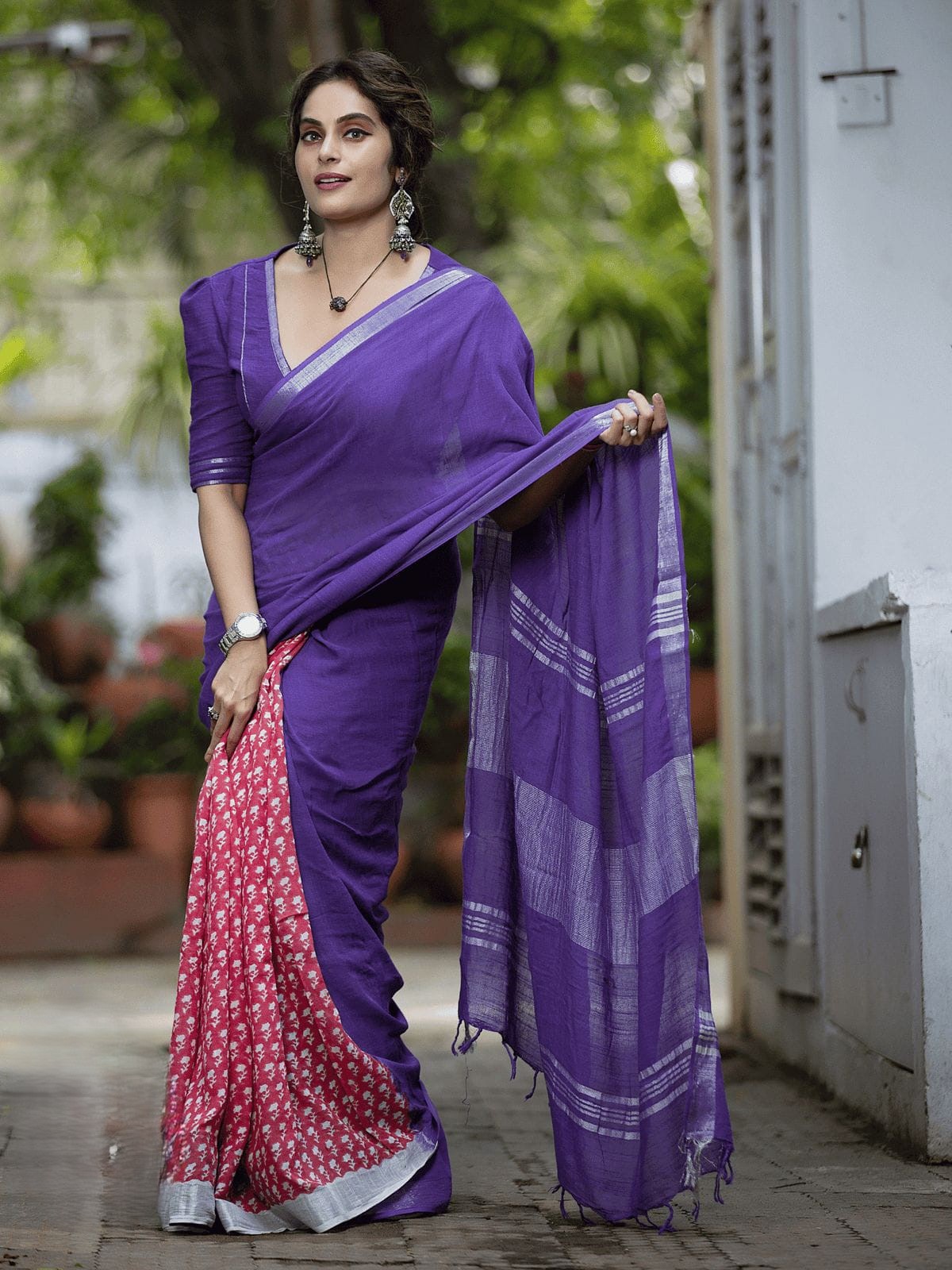 Soft Linen Print Saree - Magenta Pink